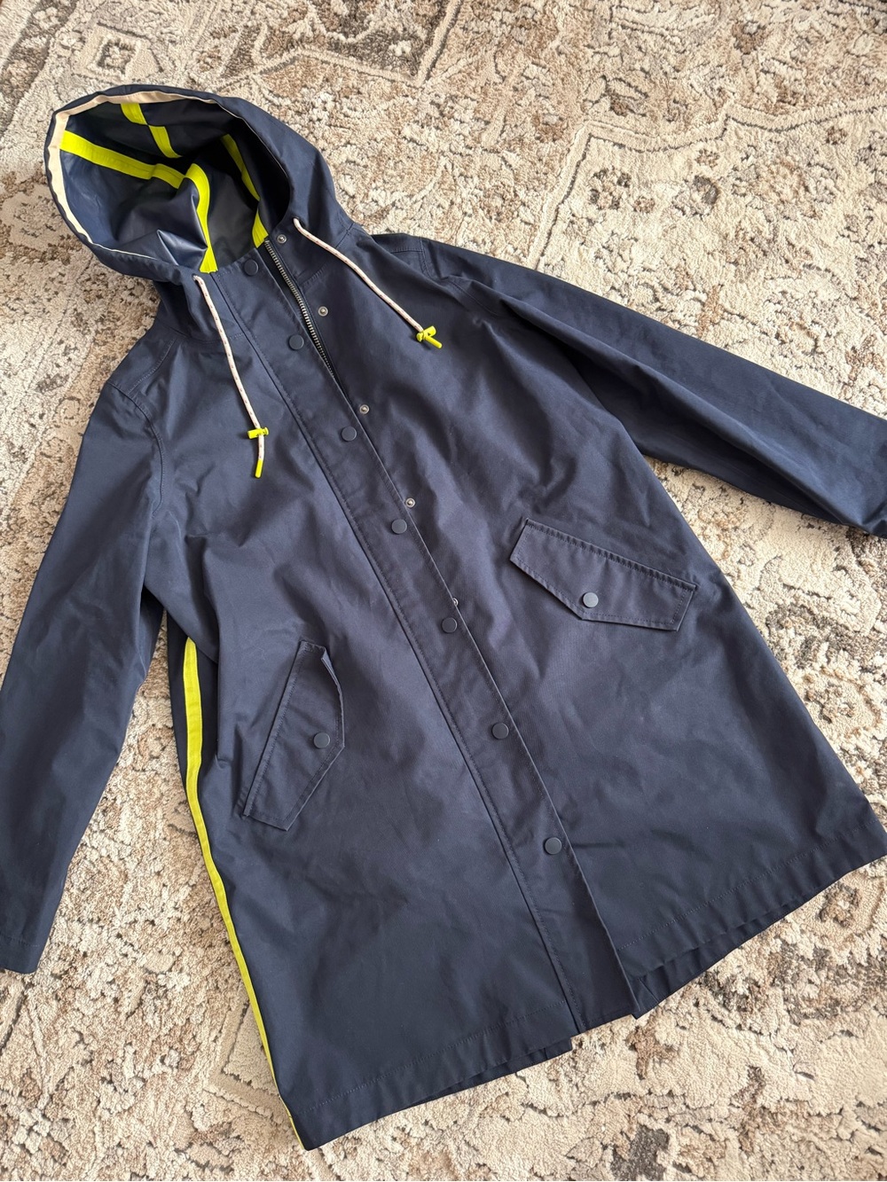 Boden Navy Trench Coat with Neon Yellow Trim